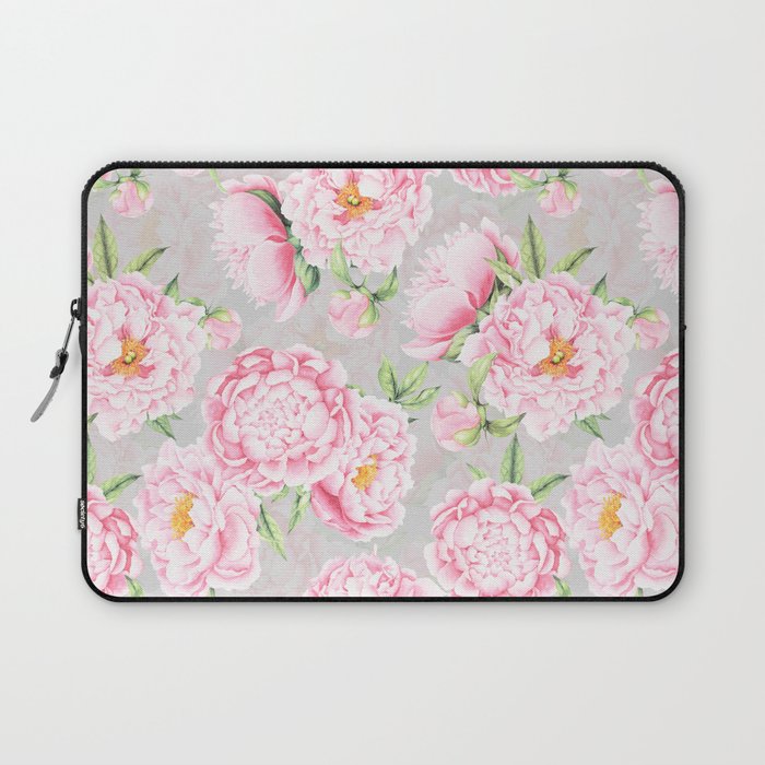 Hygge Blush Pink Peonies Pattern On Gray Laptop Sleeve Gallery Image 1
