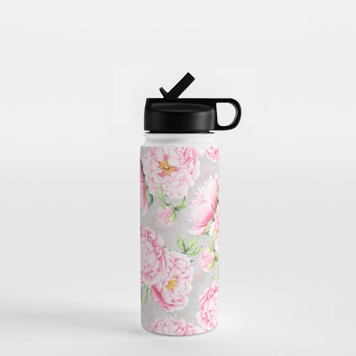 Hygge Blush Pink Peonies Pattern On Gray Water Bottle Gallery Image 1