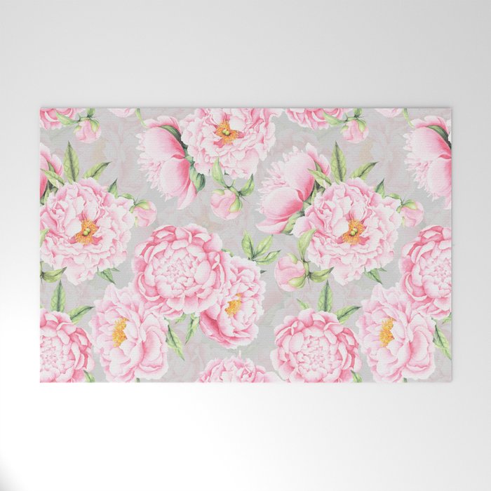 Hygge Blush Pink Peonies Pattern On Gray Welcome Mat Gallery Image 1