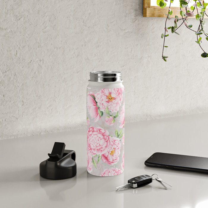 Hygge Blush Pink Peonies Pattern On Gray Water Bottle Gallery Image 5