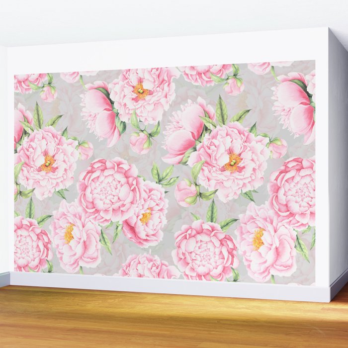 Hygge Blush Pink Peonies Pattern On Gray Wall Mural Gallery Image 2