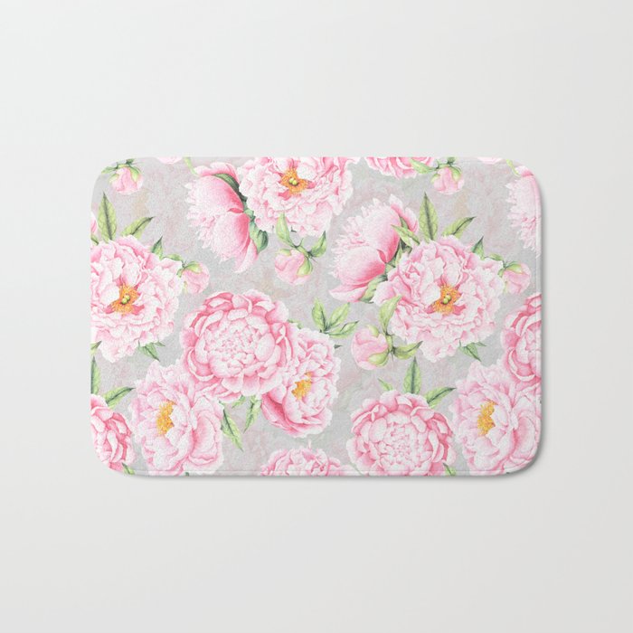 Hygge Blush Pink Peonies Pattern On Gray Bath Mat Gallery Image 1