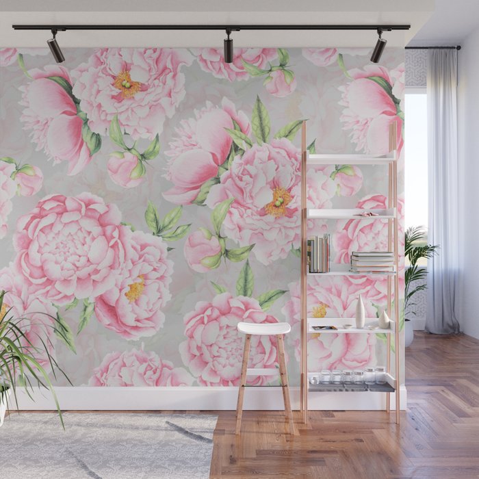 Hygge Blush Pink Peonies Pattern On Gray Wall Mural Gallery Image 1