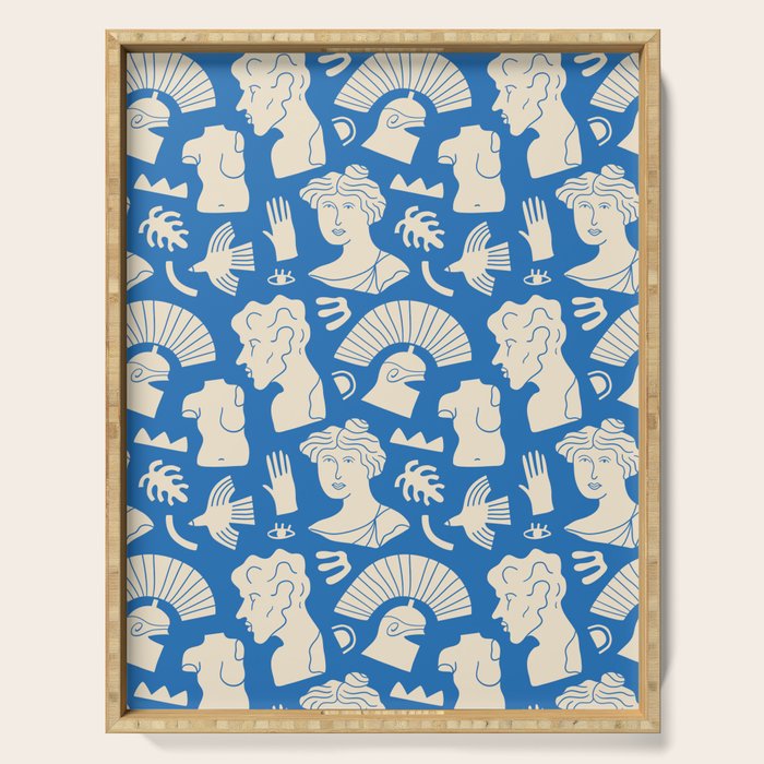 Ancient blue greek statue doodle pattern Serving Tray Gallery Image 1