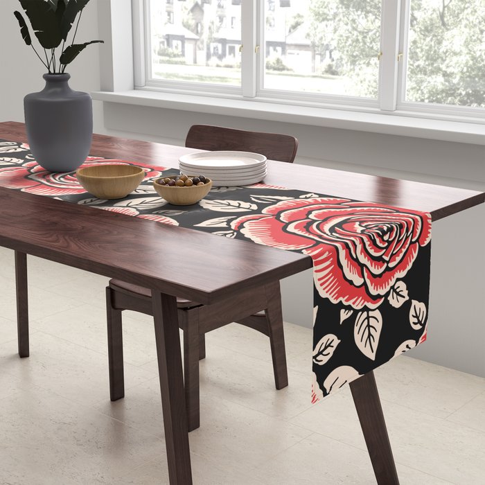 Traditional vintage red rose flower art pattern Table Runner Gallery Image 2