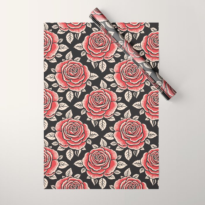 Traditional vintage red rose flower art pattern Wrapping Paper Gallery Image 1