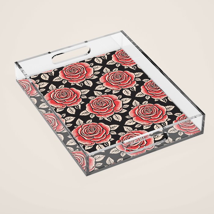 Traditional vintage red rose flower art pattern Acrylic Tray Gallery Image 1