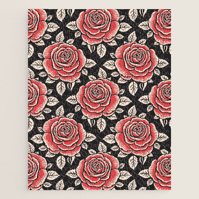 Traditional vintage red rose flower art pattern Jigsaw Puzzle Gallery Image 1