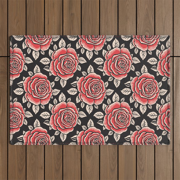 Traditional vintage red rose flower art pattern Outdoor Rug Gallery Image 1