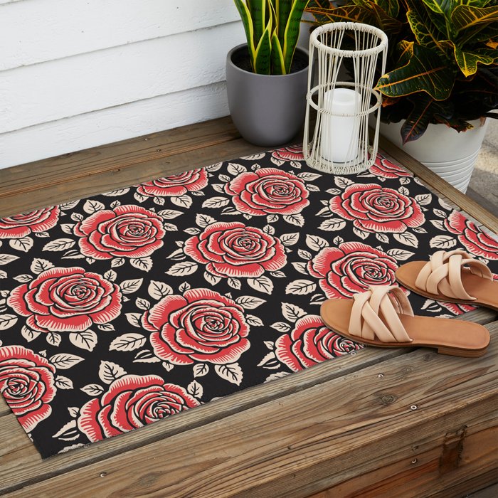 Traditional vintage red rose flower art pattern Outdoor Rug Gallery Image 2