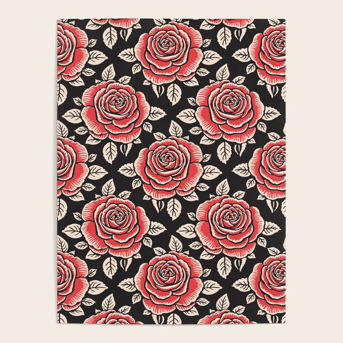 Traditional vintage red rose flower art pattern Poster Gallery Image 4