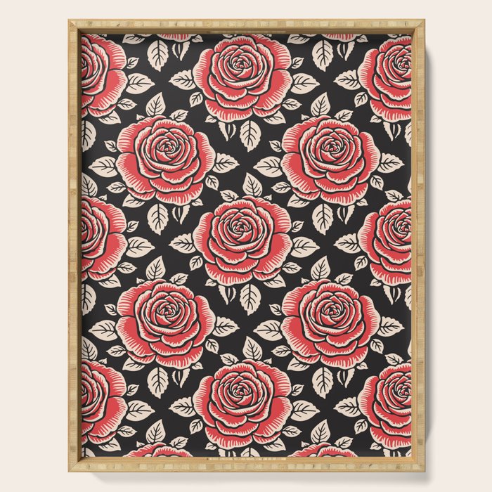 Traditional vintage red rose flower art pattern Serving Tray Gallery Image 1