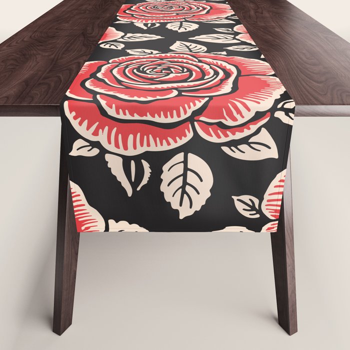 Traditional vintage red rose flower art pattern Table Runner Gallery Image 1