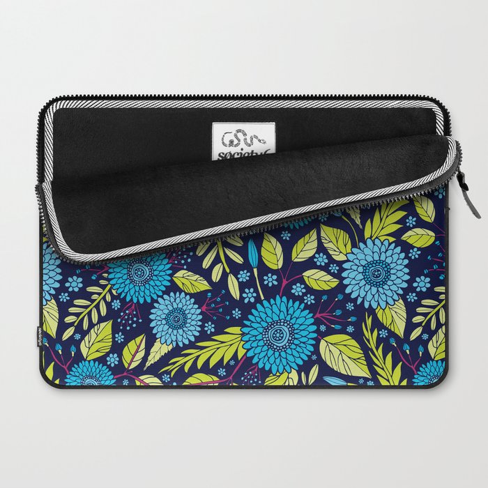 Turquoise Blue, Lime Green, Magenta & Navy Floral Pattern Laptop Sleeve Gallery Image 2