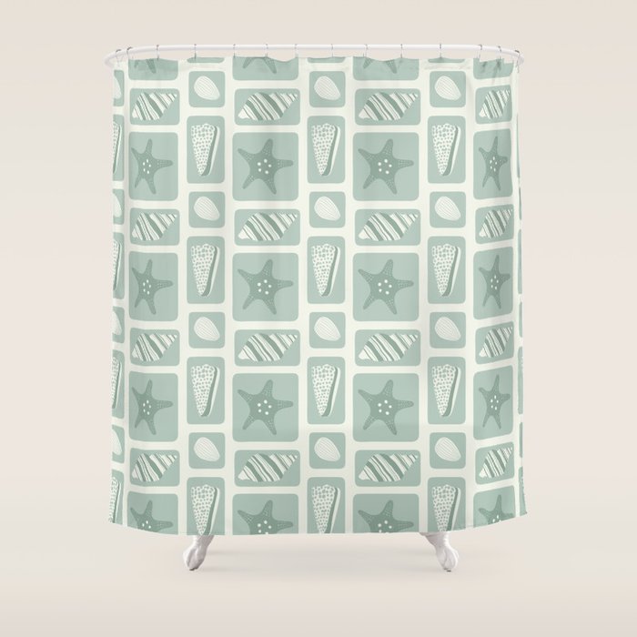 Retro marine sea shell art pattern Shower Curtain Gallery Image 1