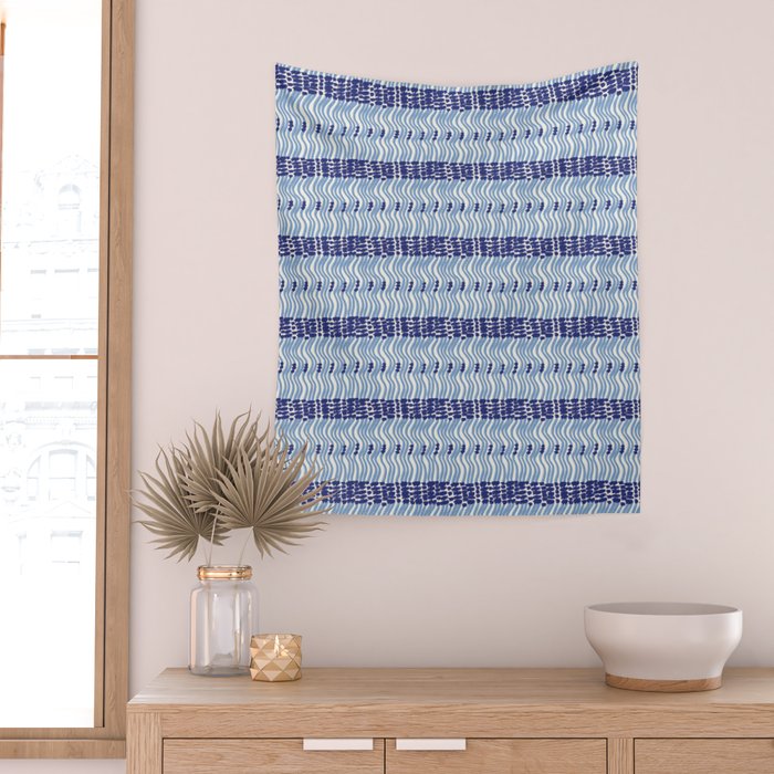 Wiggle Lines - Blue Color Wall Tapestry Gallery Image 2