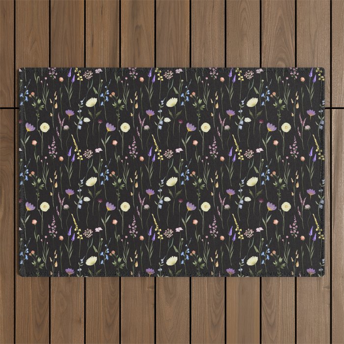 Moody Wildflowers Black Floral Pattern Outdoor Rug Gallery Image 1