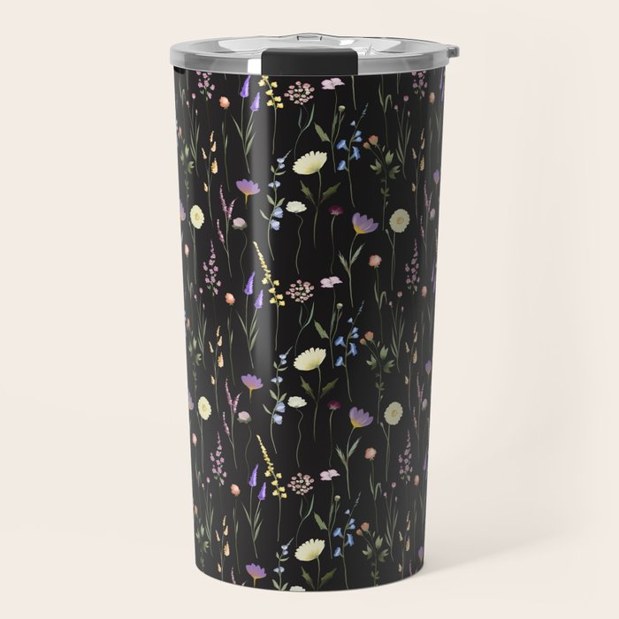 Moody Wildflowers Black Floral Pattern Travel Mug Gallery Image 1