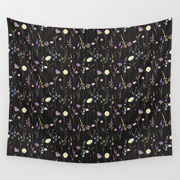 Moody Wildflowers Black Floral Pattern Wall Tapestry Gallery Image 4