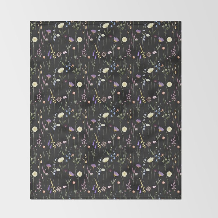 Moody Wildflowers Black Floral Pattern Throw Blanket Gallery Image 2
