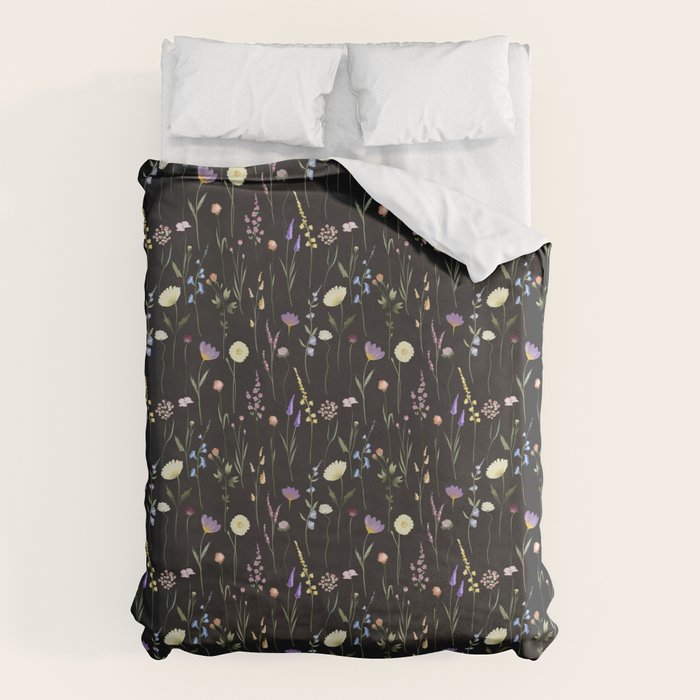 Moody Wildflowers Black Floral Pattern Duvet Cover