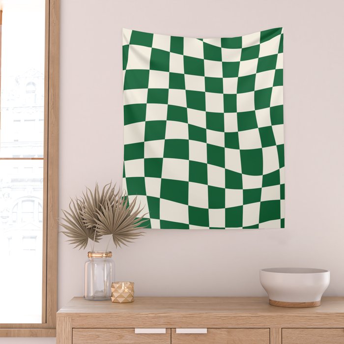 Wavy Checkered Green and White Wall Tapestry Gallery Image 2