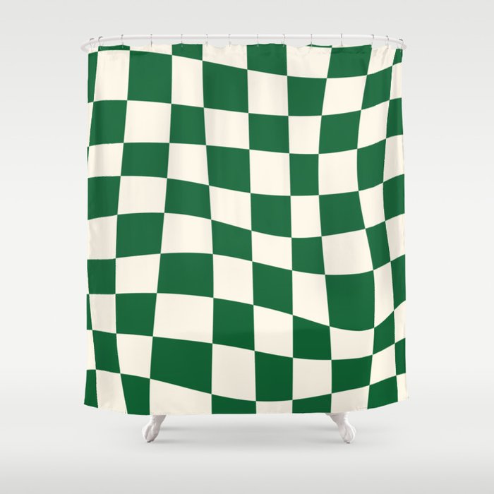 Wavy Checkered Green and White Shower Curtain Gallery Image 1