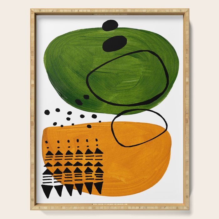 Modern Mid Century Fun Colorful Abstract Minimalist Painting Olive Green Yellow Ochre Buns Serving Tray Gallery Image 1
