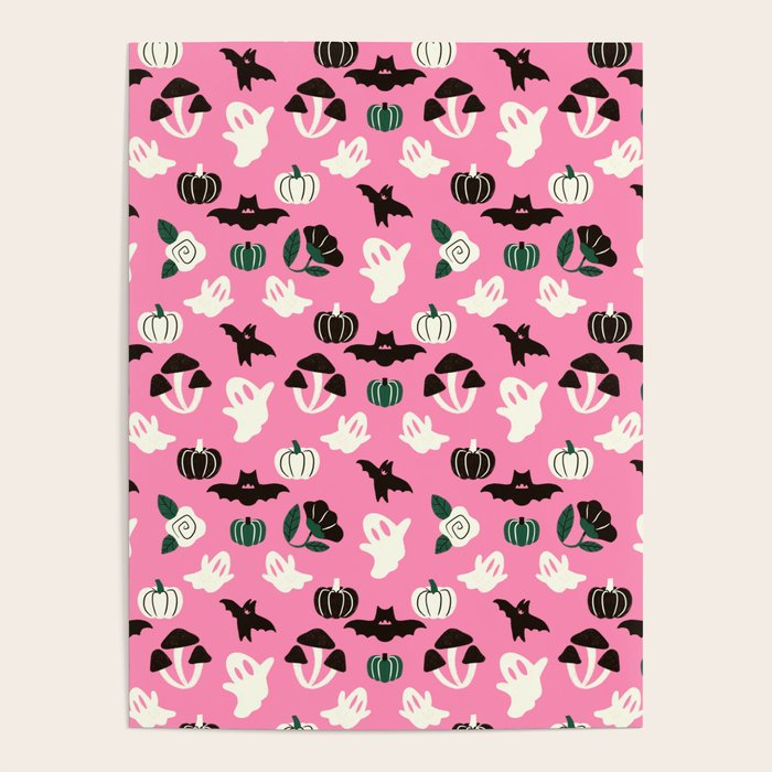 Pink Ghosts, Mushrooms, Bats, and Flowers Pattern Poster Gallery Image 4