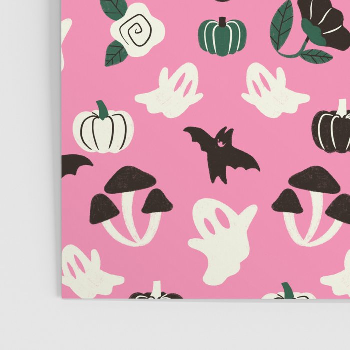 Pink Ghosts, Mushrooms, Bats, and Flowers Pattern Poster Gallery Image 3