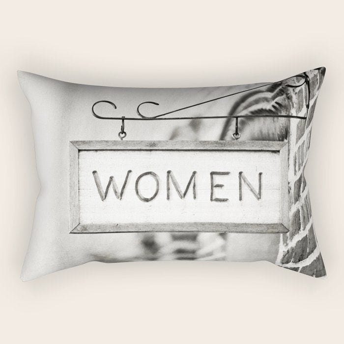 Ladies Room, Women's Restroom Sign Art, Black and White Bathroom Photo Rectangular Pillow Gallery Image 1