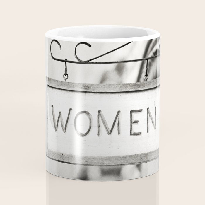 Ladies Room, Women's Restroom Sign Art, Black and White Bathroom Photo Coffee Mug Gallery Image 4