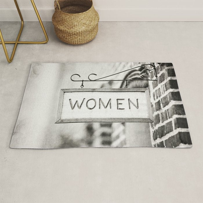 Ladies Room, Women's Restroom Sign Art, Black and White Bathroom Photo Rug Gallery Image 1