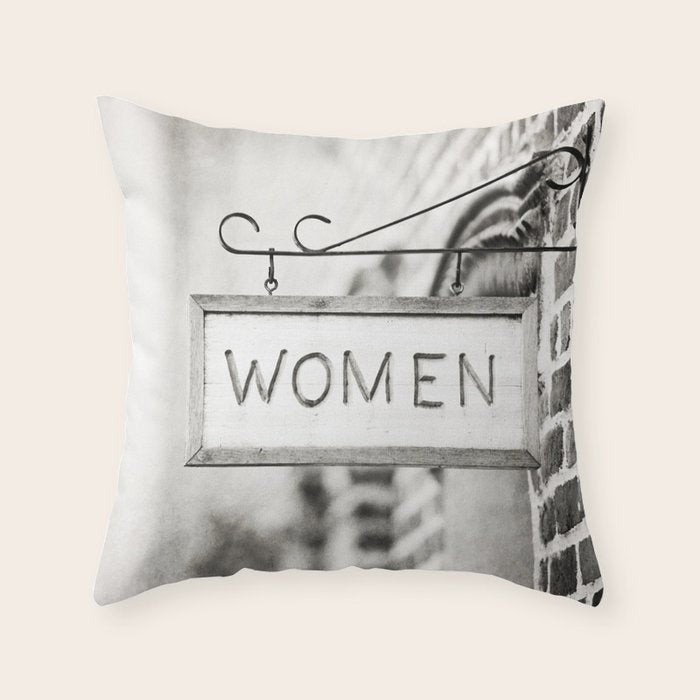 Ladies Room, Women's Restroom Sign Art, Black and White Bathroom Photo Throw Pillow Gallery Image 1