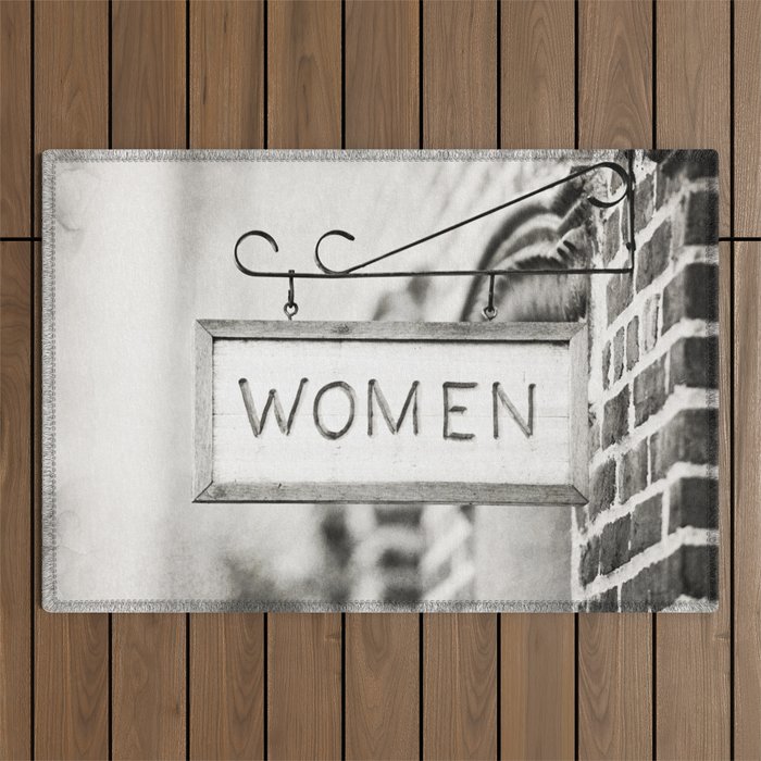 Ladies Room, Women's Restroom Sign Art, Black and White Bathroom Photo Outdoor Rug Gallery Image 1