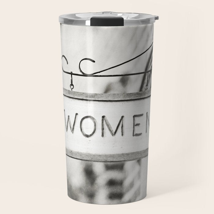 Ladies Room, Women's Restroom Sign Art, Black and White Bathroom Photo Travel Mug Gallery Image 1