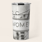 Ladies Room, Women's Restroom Sign Art, Black and White Bathroom Photo Travel Mug Gallery Image 1