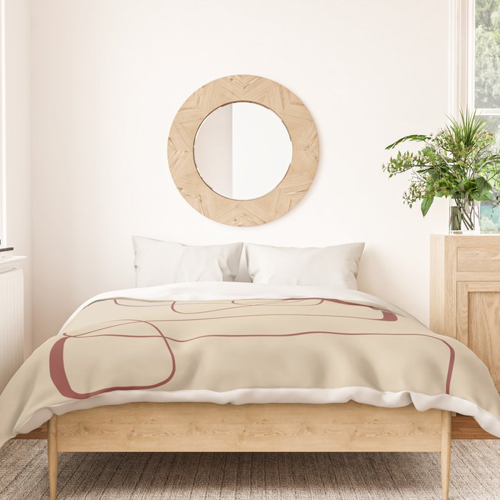 Janu Sirsasana - Minimalist Abstract Line Drawing in Maroon and Linen Duvet Cover Gallery Image 3
