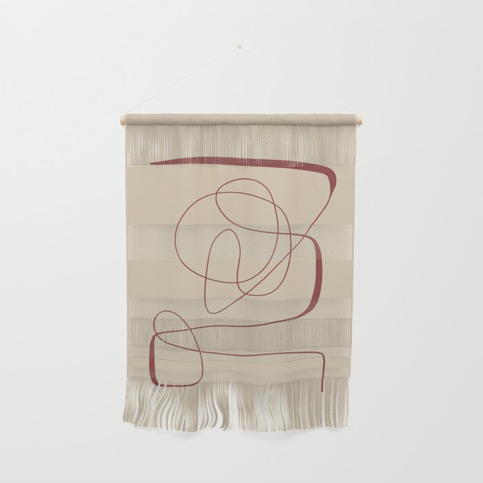 Janu Sirsasana - Minimalist Abstract Line Drawing in Maroon and Linen Wall Hanging Gallery Image 1