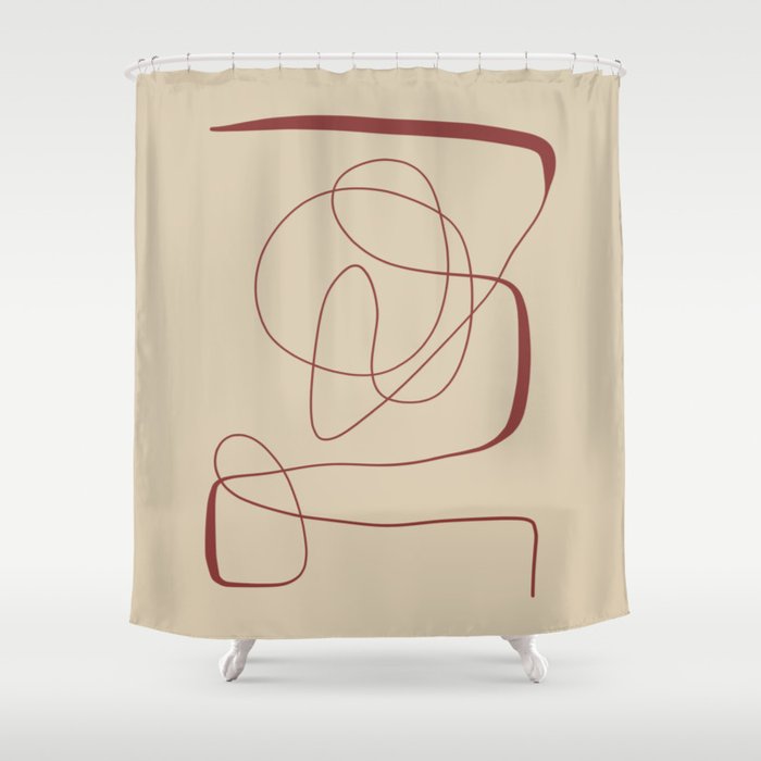 Janu Sirsasana - Minimalist Abstract Line Drawing in Maroon and Linen Shower Curtain Gallery Image 1