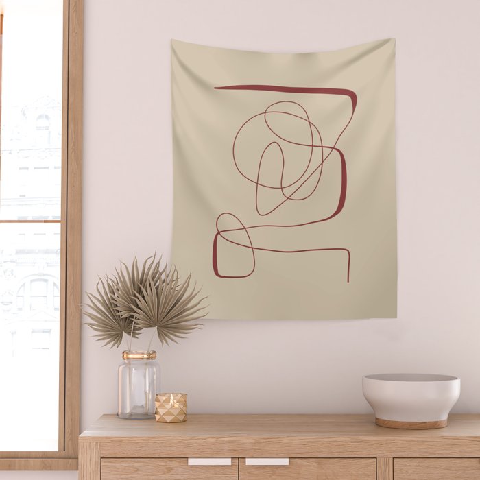 Janu Sirsasana - Minimalist Abstract Line Drawing in Maroon and Linen Wall Tapestry Gallery Image 2