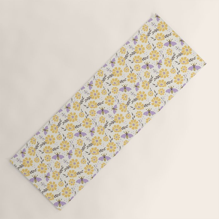 Honey Bees and Flowers - Yellow and Lavender Purple Yoga Mat Gallery Image 1