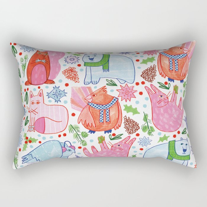 Winter Forest Woodland Animals in Pink & Blue Rectangular Pillow Gallery Image 1