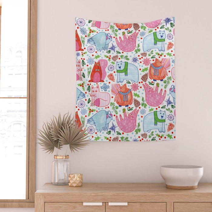 Winter Forest Woodland Animals in Pink & Blue Wall Tapestry Gallery Image 2