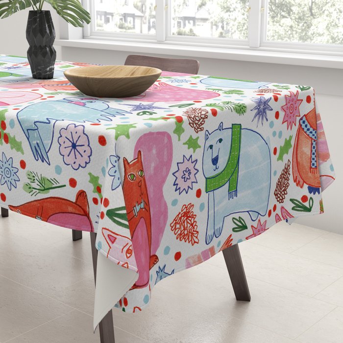 Winter Forest Woodland Animals in Pink & Blue Tablecloth Gallery Image 3