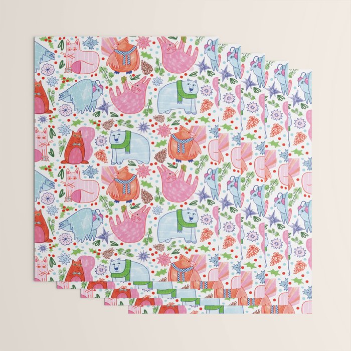 Winter Forest Woodland Animals in Pink & Blue Wrapping Paper Gallery Image 3
