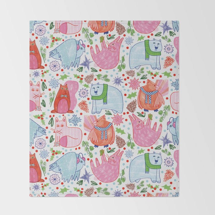 Winter Forest Woodland Animals in Pink & Blue Throw Blanket Gallery Image 2