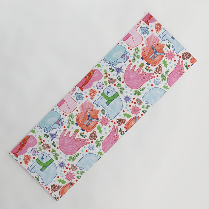 Winter Forest Woodland Animals in Pink & Blue Yoga Mat Gallery Image 1