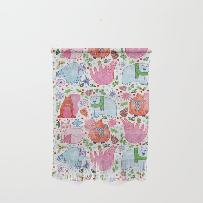Winter Forest Woodland Animals in Pink & Blue Wall Hanging Gallery Image 1