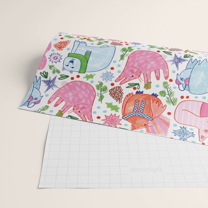 Winter Forest Woodland Animals in Pink & Blue Wrapping Paper Gallery Image 2
